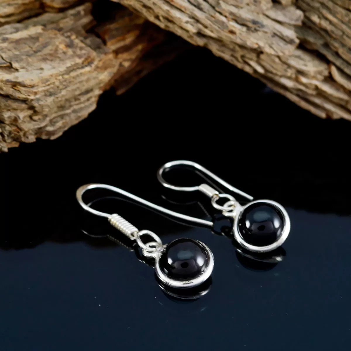 Riyo Genuine Gems round Cabochon Black Onyx Silver Earring handmade gift