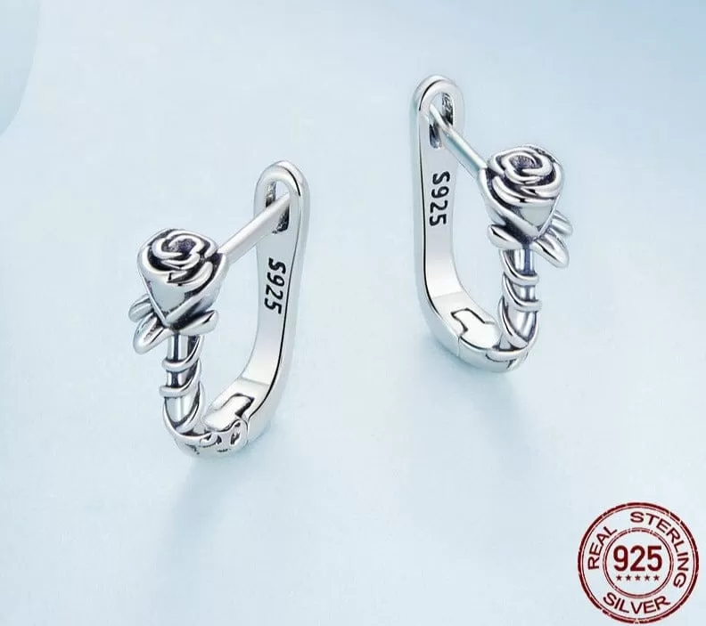 Rose Vine U-shaped Ear Buckles 925 Sterling Silver Earrings