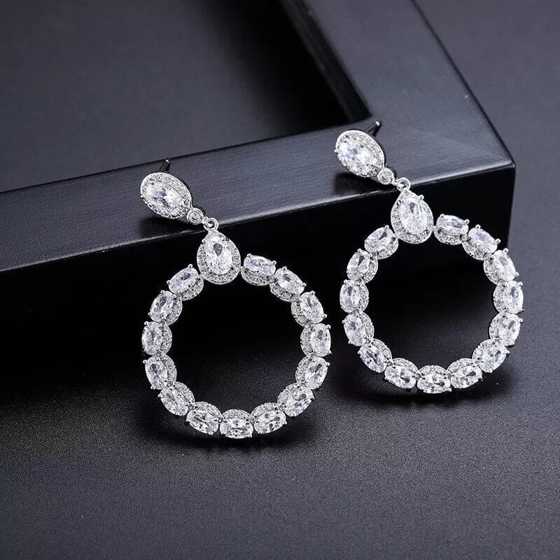 Round Flower CZ Crystal Dangle Earrings