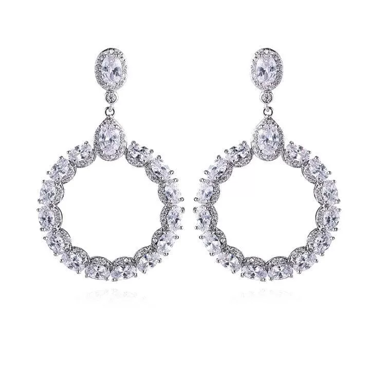 Round Flower CZ Crystal Dangle Earrings