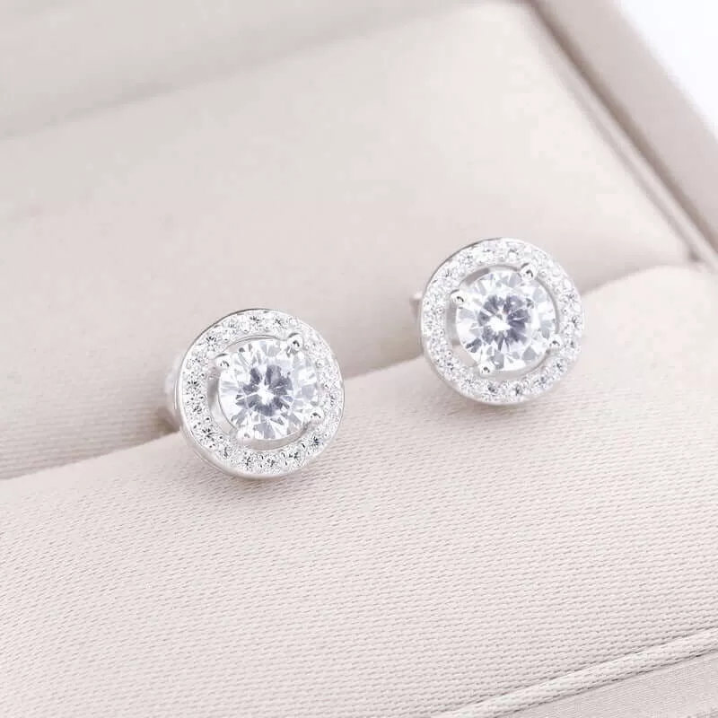 Round MOISSANITE Diamond  4 Prong  Created with 925 sterling Silver White Sapphire Halo Earrings