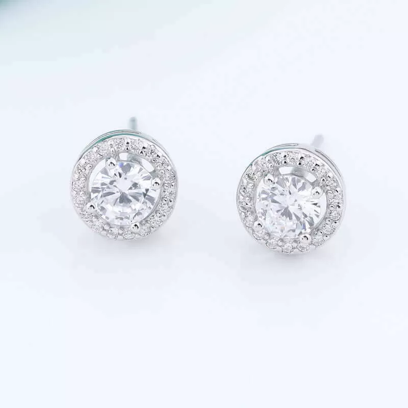 Round MOISSANITE Diamond  4 Prong  Created with 925 sterling Silver White Sapphire Halo Earrings