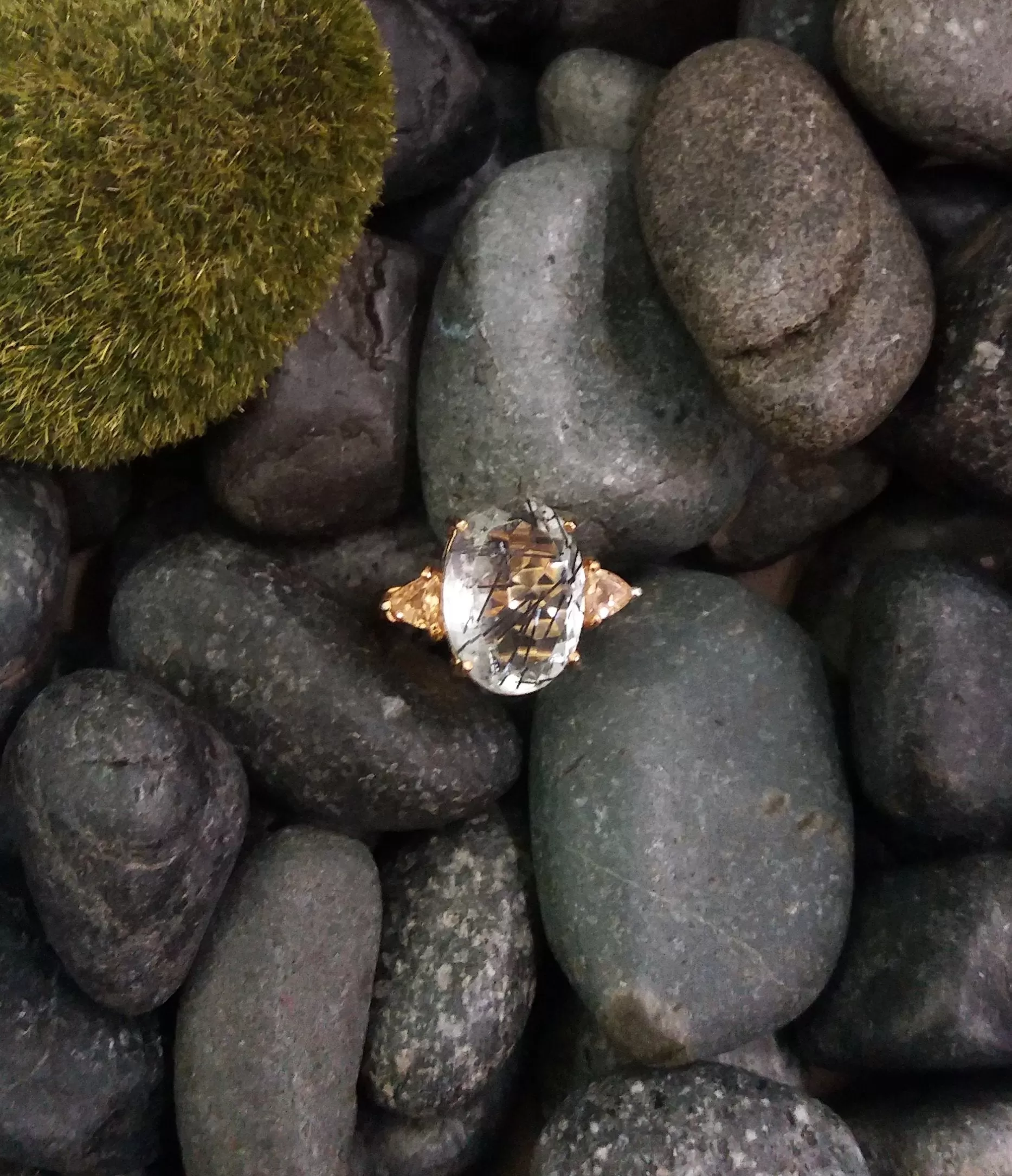 Rutilated Quartz with Trillion Citrines Cocktail Ring