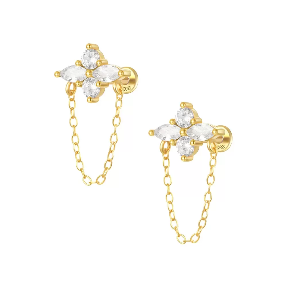 S925 silver CZ Diamond  tassel four-petal flower flat back earrings