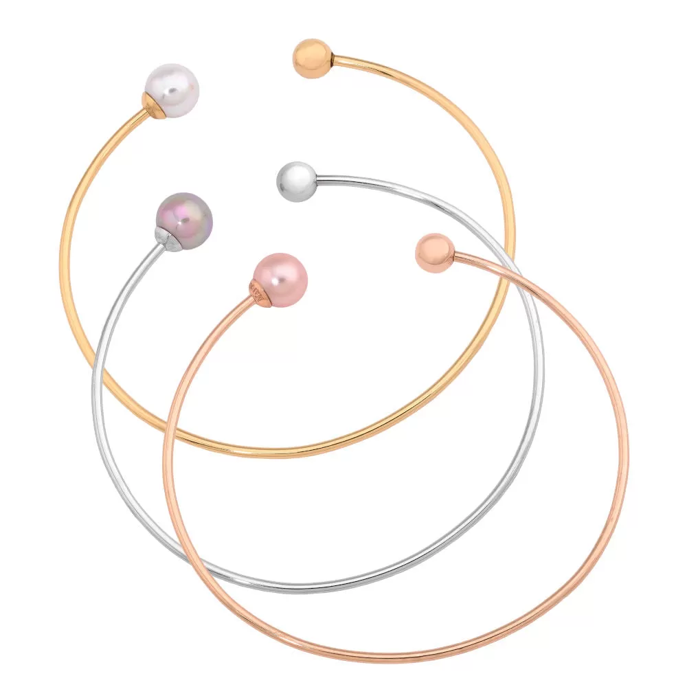 Set 3 of Bracelets 2x 2 Titanium Rhodium, Gold and Rose Gold Plated, 8mm Round Nuage, White and Pink Pearls and Stainless Steel ball, Aura Collection