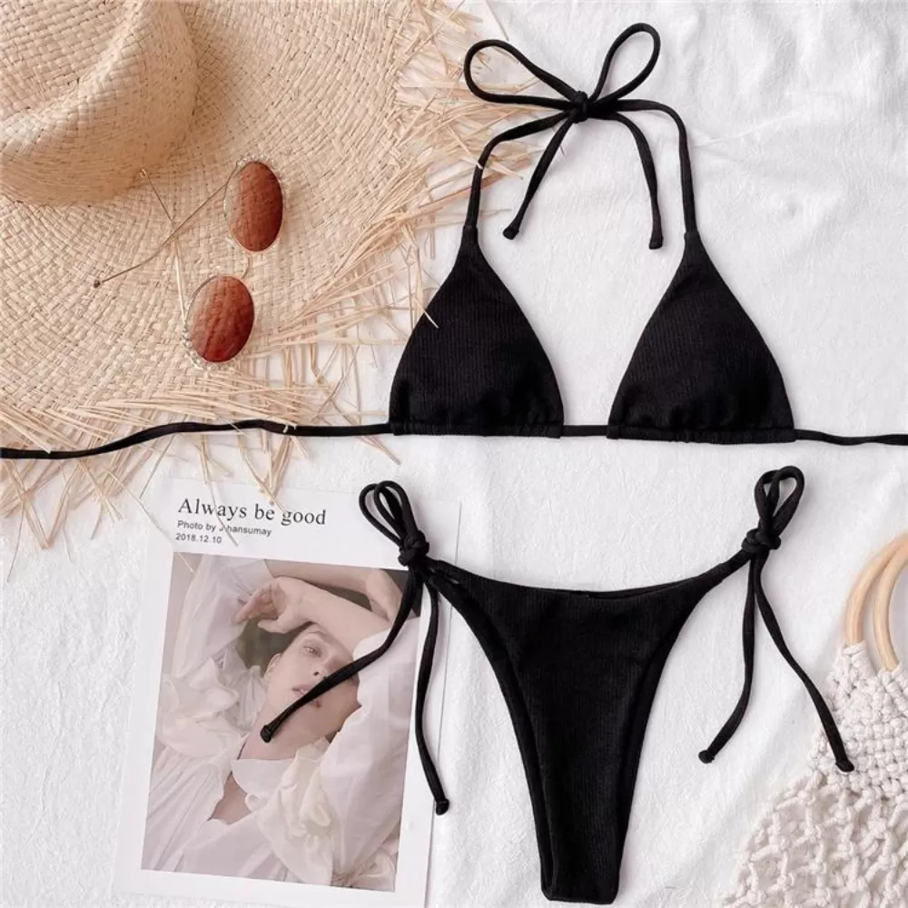 Sexy Solid Hang Neck Micro Thong Bikini Set