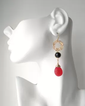 Sinamay with Black Agate and Red Jade Drop Earrings