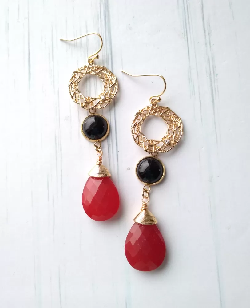 Sinamay with Black Agate and Red Jade Drop Earrings