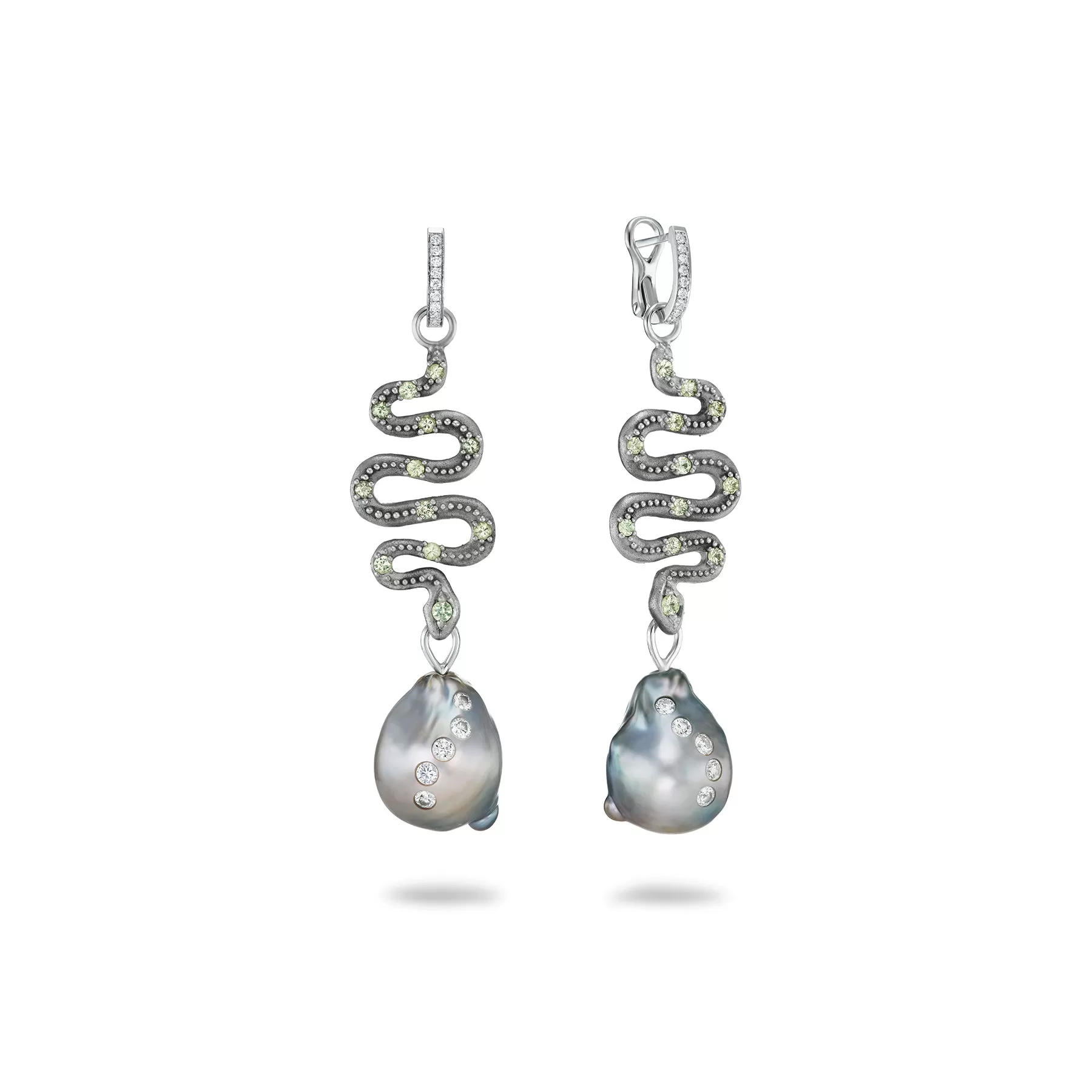 SIX WAY SERPENT AND TAHITIAN BAROQUE PEARL PENDANT EARRINGS