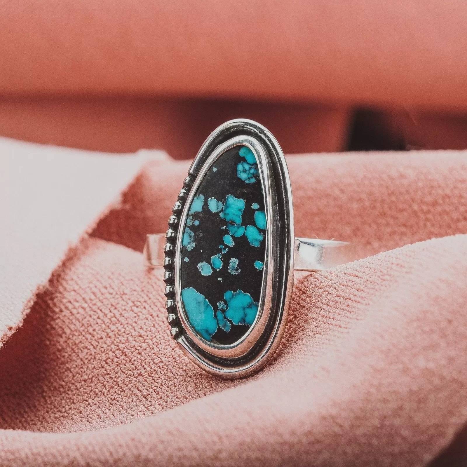 Size 6.75 Black & Blue Cloud Mountain Turquoise Gemstone Ring