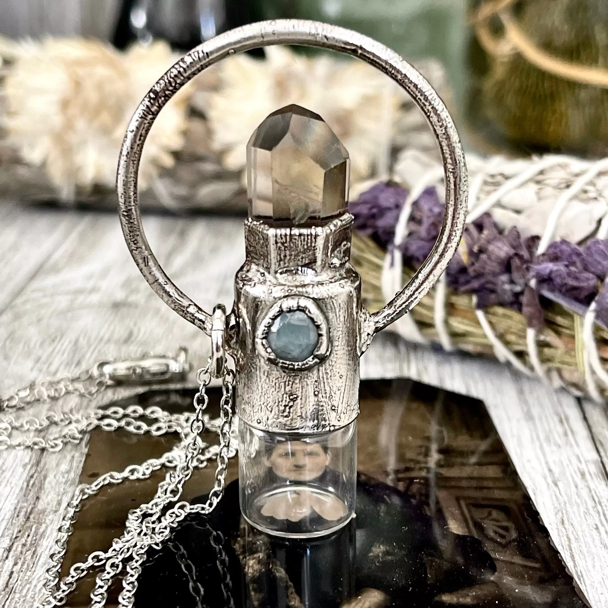 Smokey Quartz and Aquamarine Crystal Necklace / Silver Crystal Rollerball Necklace