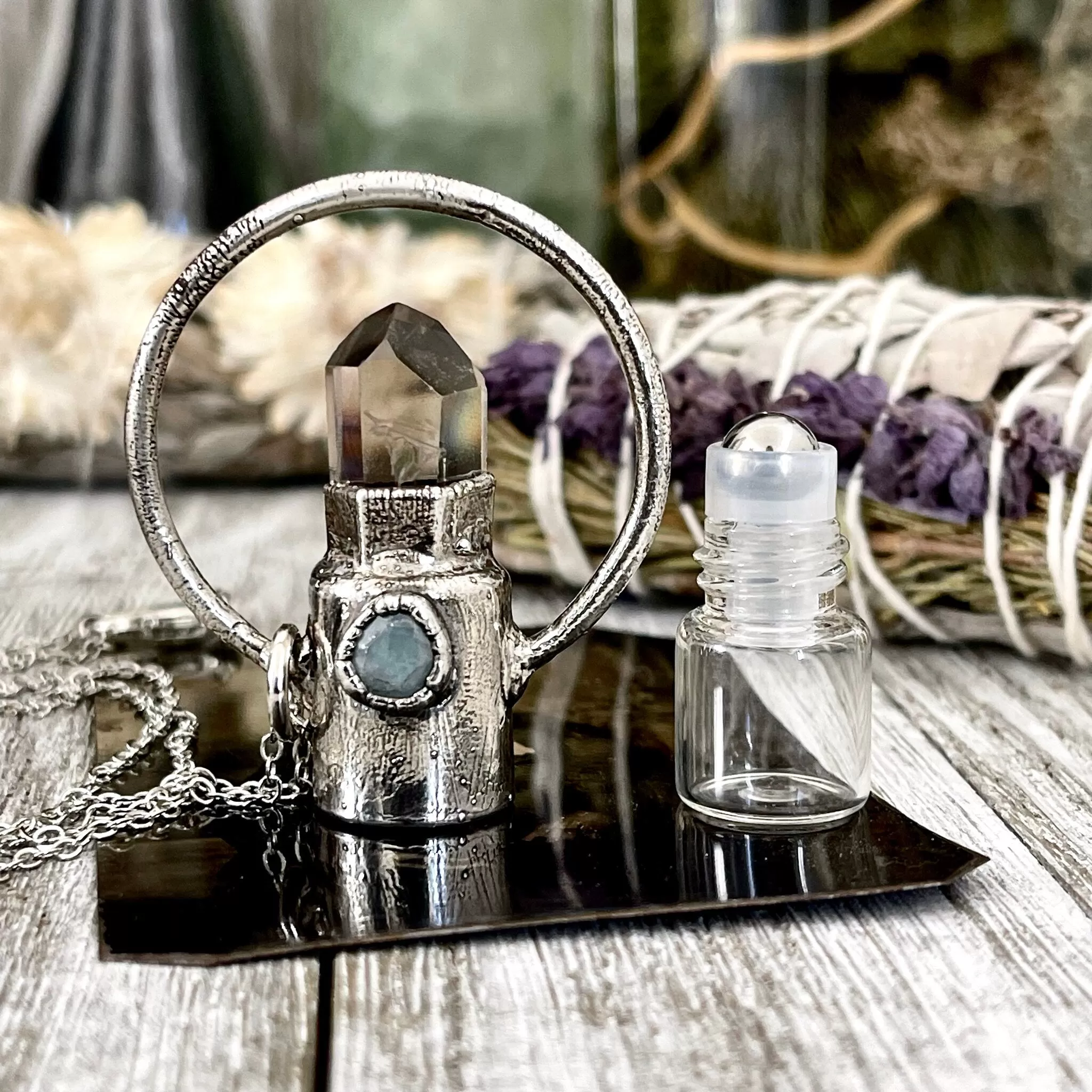 Smokey Quartz and Aquamarine Crystal Necklace / Silver Crystal Rollerball Necklace