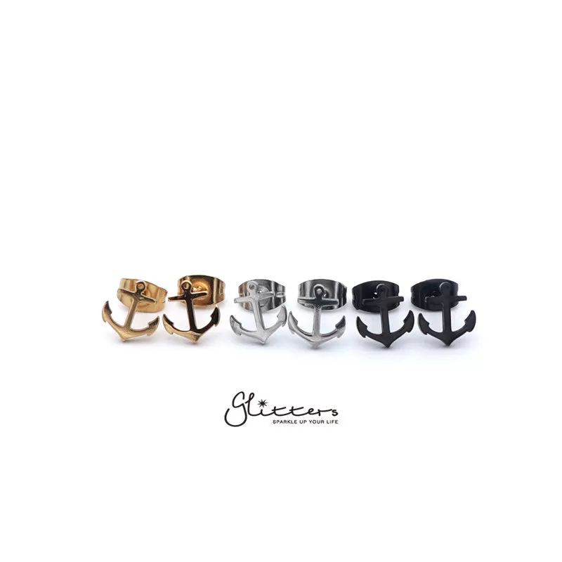 Stainless Steel Anchor Stud Earrings-Silver | Gold | Black