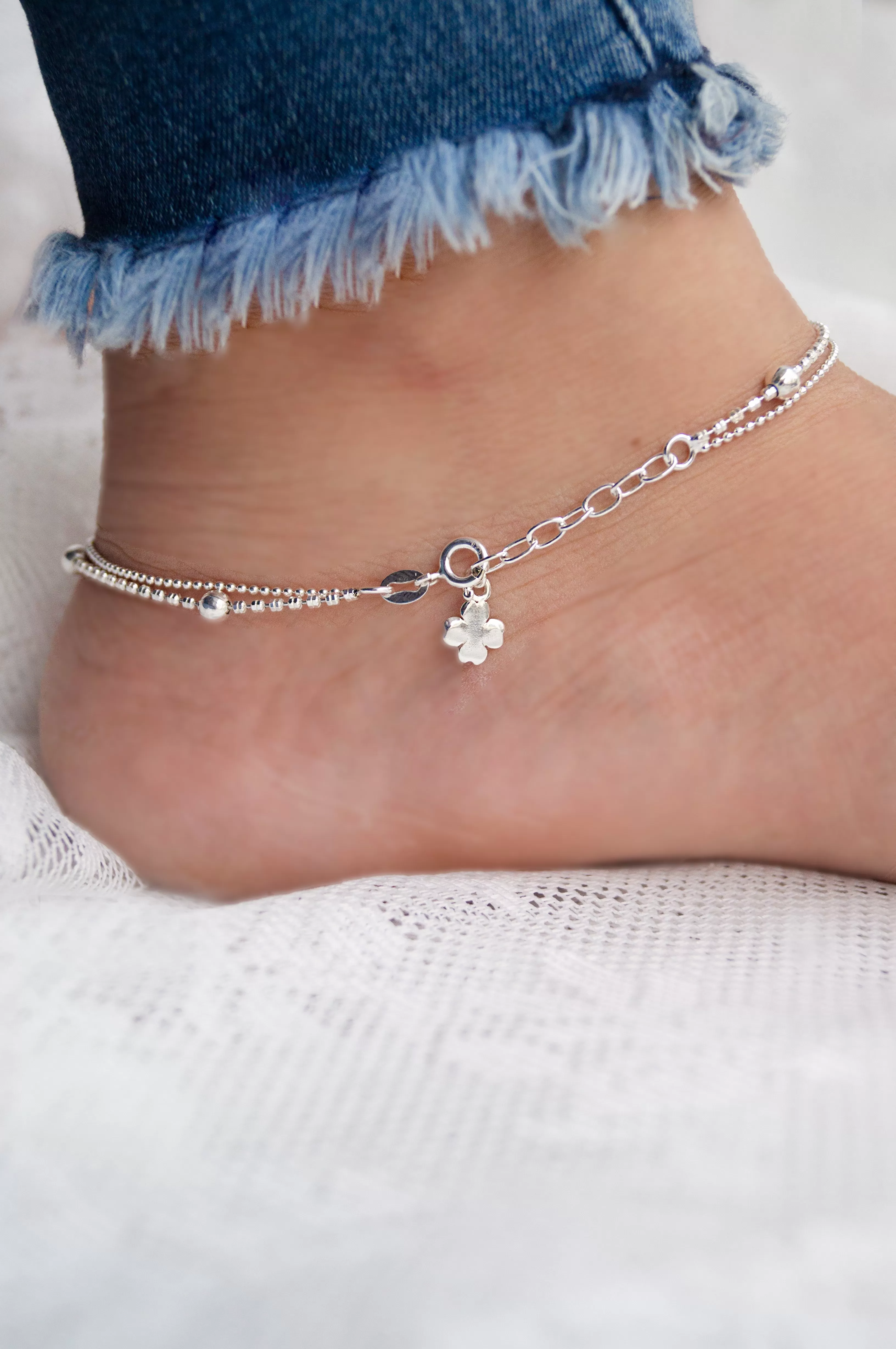 Station Beads Two Layer Sterling Silver Anklets