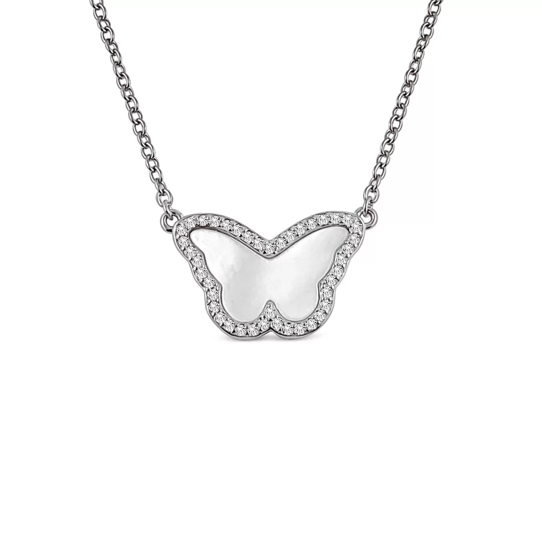 Sterling Silver Mother of Pearl Butterfly Halo Necklace