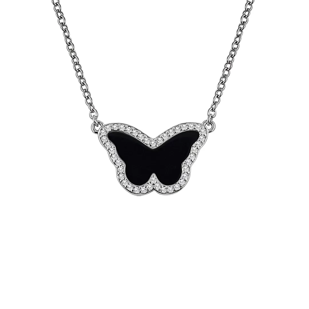 Sterling Silver Onyx Butterfly Halo Necklace