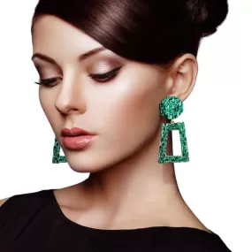 Stone Embellished Chunky Open Rectangle Evening Earrings