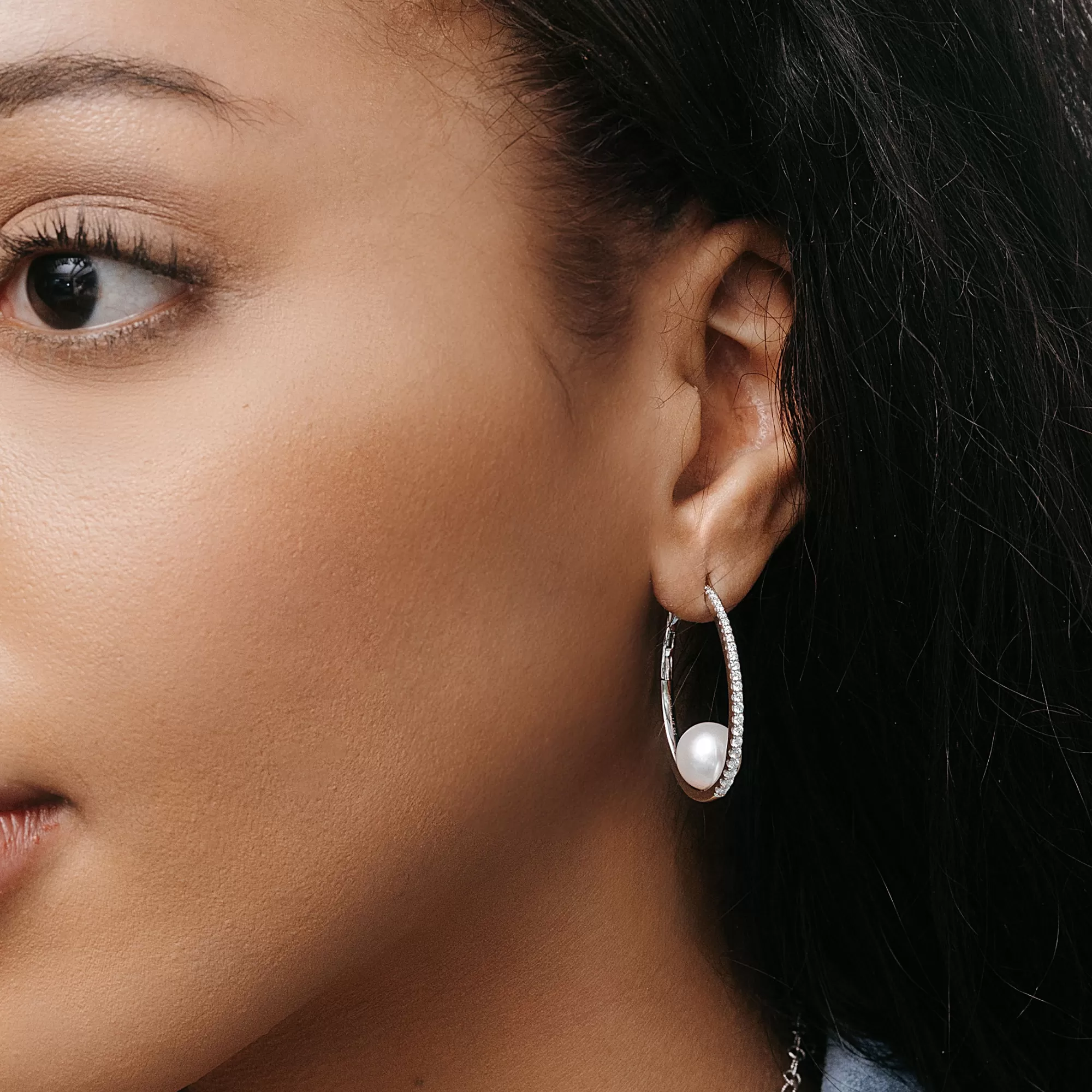 Suspended Pearl & Diamond Hoop Earrings