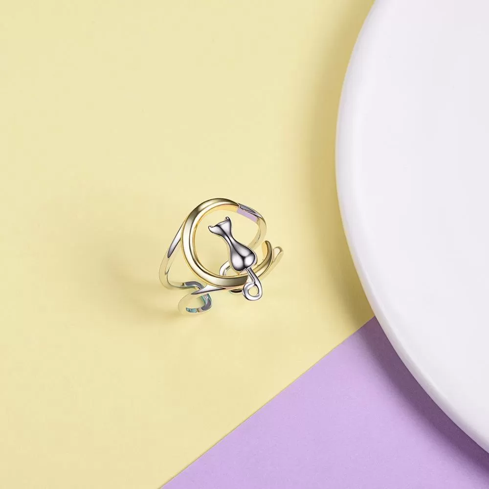 The Cat And The Moon Sterling Silver Adjustable Ring