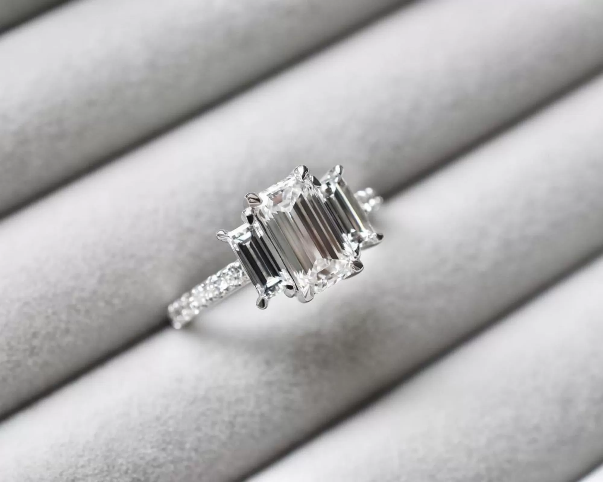 Three Stone Emerald Cut Lab Grown Engagement Ring