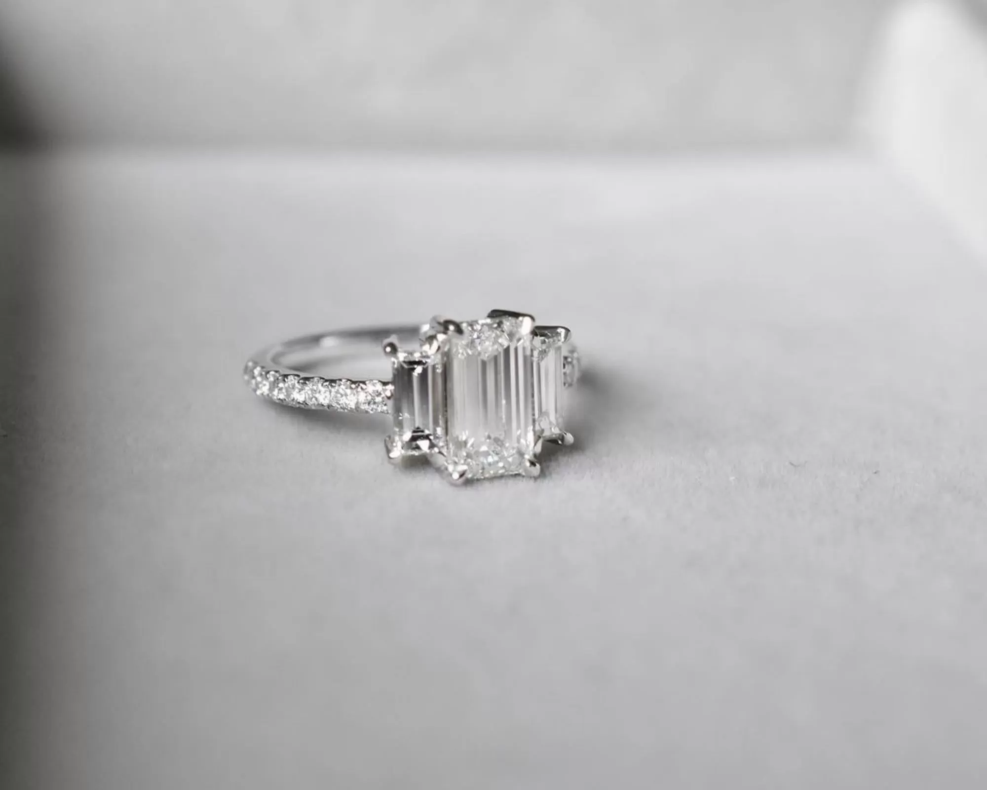 Three Stone Emerald Cut Lab Grown Engagement Ring