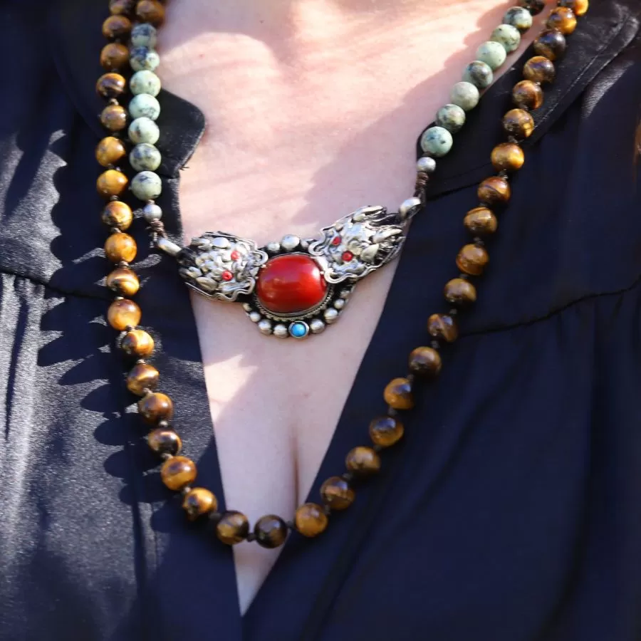 Tiger's Eye and Turquoise Dragon Hand Knotted Necklace *Final Sale*