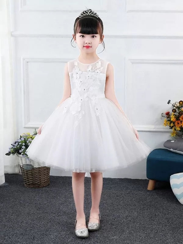 Tulle Floral Flower Girl Dresses Sleeveless Embroidered Kids Party Dresses