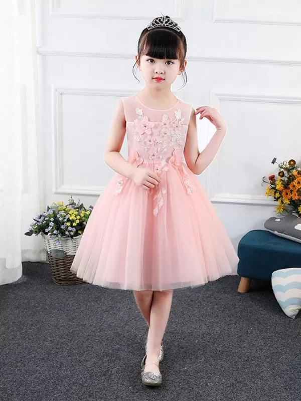 Tulle Floral Flower Girl Dresses Sleeveless Embroidered Kids Party Dresses