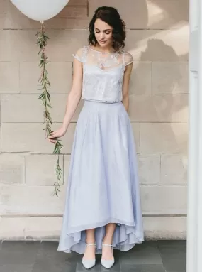 Two Piece Round Neck Light Blue Chiffon Bridesmaid Dress