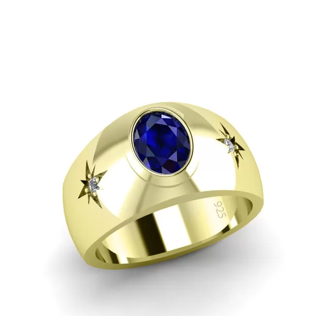 Unique Men's Ring 2.40ctw Sapphire with 2 Diamonds in Yellow Gold-Plated Sterling Silver