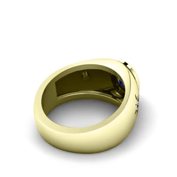 Unique Men's Ring 2.40ctw Sapphire with 2 Diamonds in Yellow Gold-Plated Sterling Silver