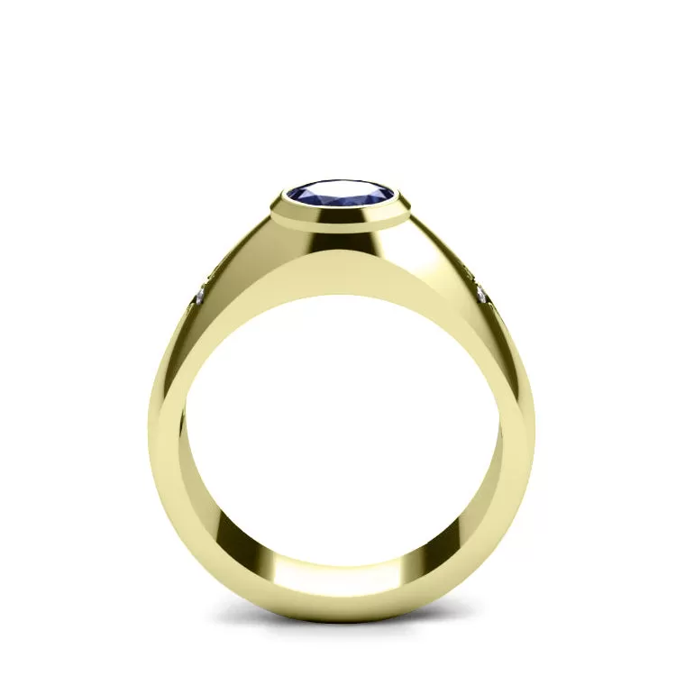 Unique Men's Ring 2.40ctw Sapphire with 2 Diamonds in Yellow Gold-Plated Sterling Silver