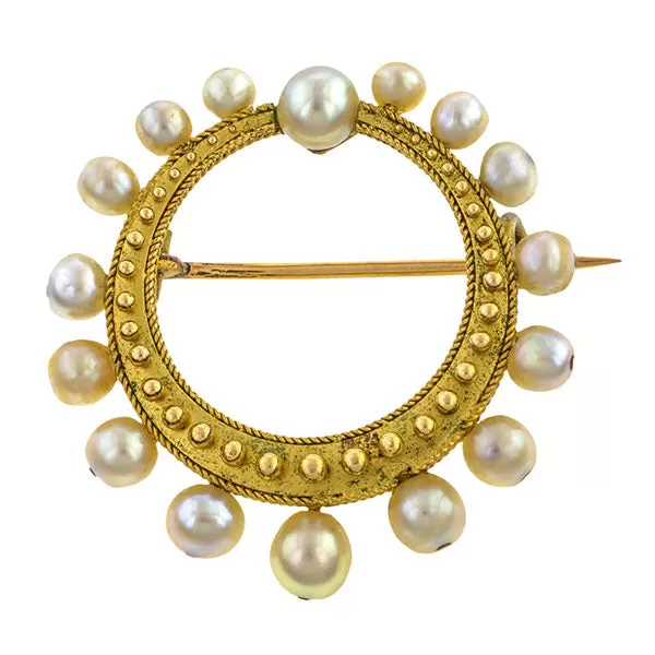 Victorian Etruscan Revival Pearl Brooch