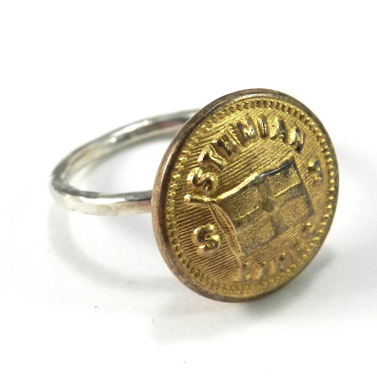 Vintage Ocean Liner Button on Hammered Silver Ring - size 5