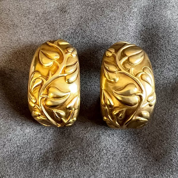 Vintage Vine Motif Gold Hoop Earrings