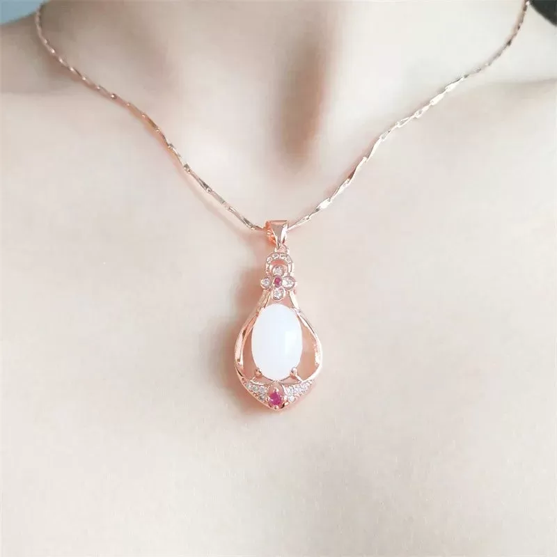 Water Drop Shaped Jade Pendant Rose Gold Color Necklace