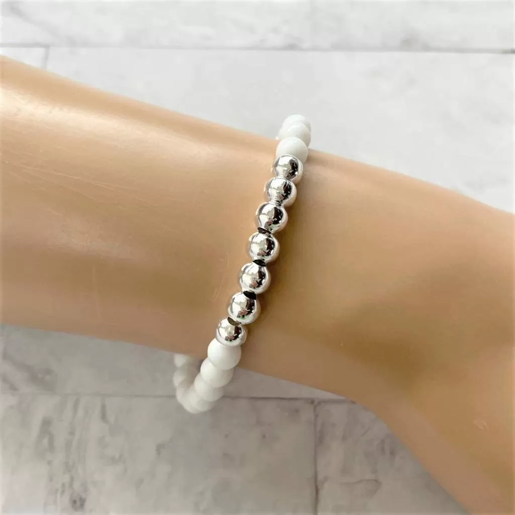 White Czech and Silver Round Beaded Bracelet