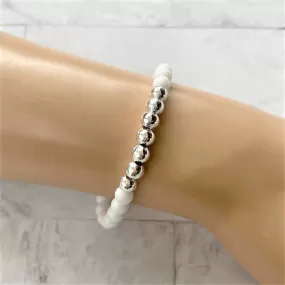 White Czech and Silver Round Beaded Bracelet