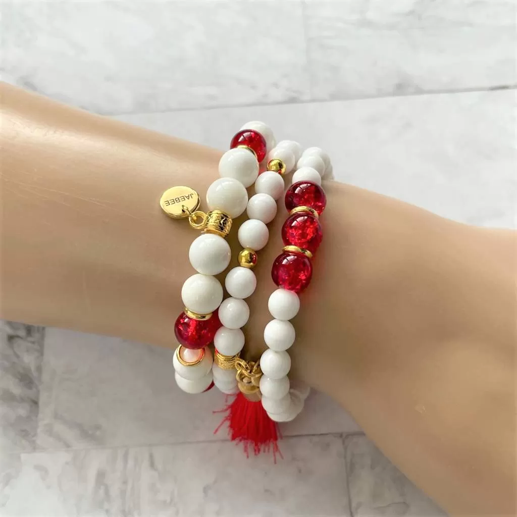 White Shell and Red Glass Gold Beaded Bracelet