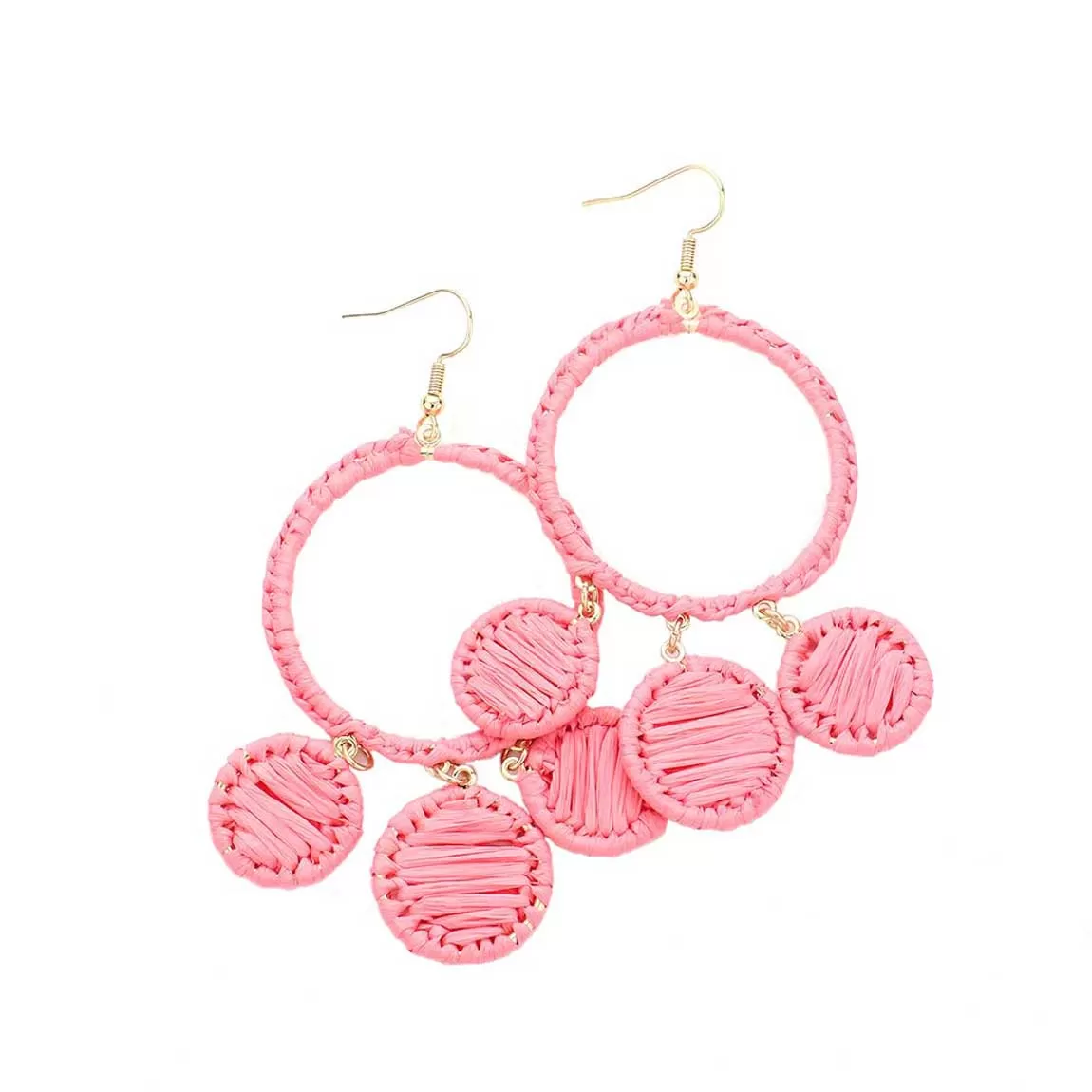 Woven Raffia Open Circle Triple Round Link Dangle Earrings