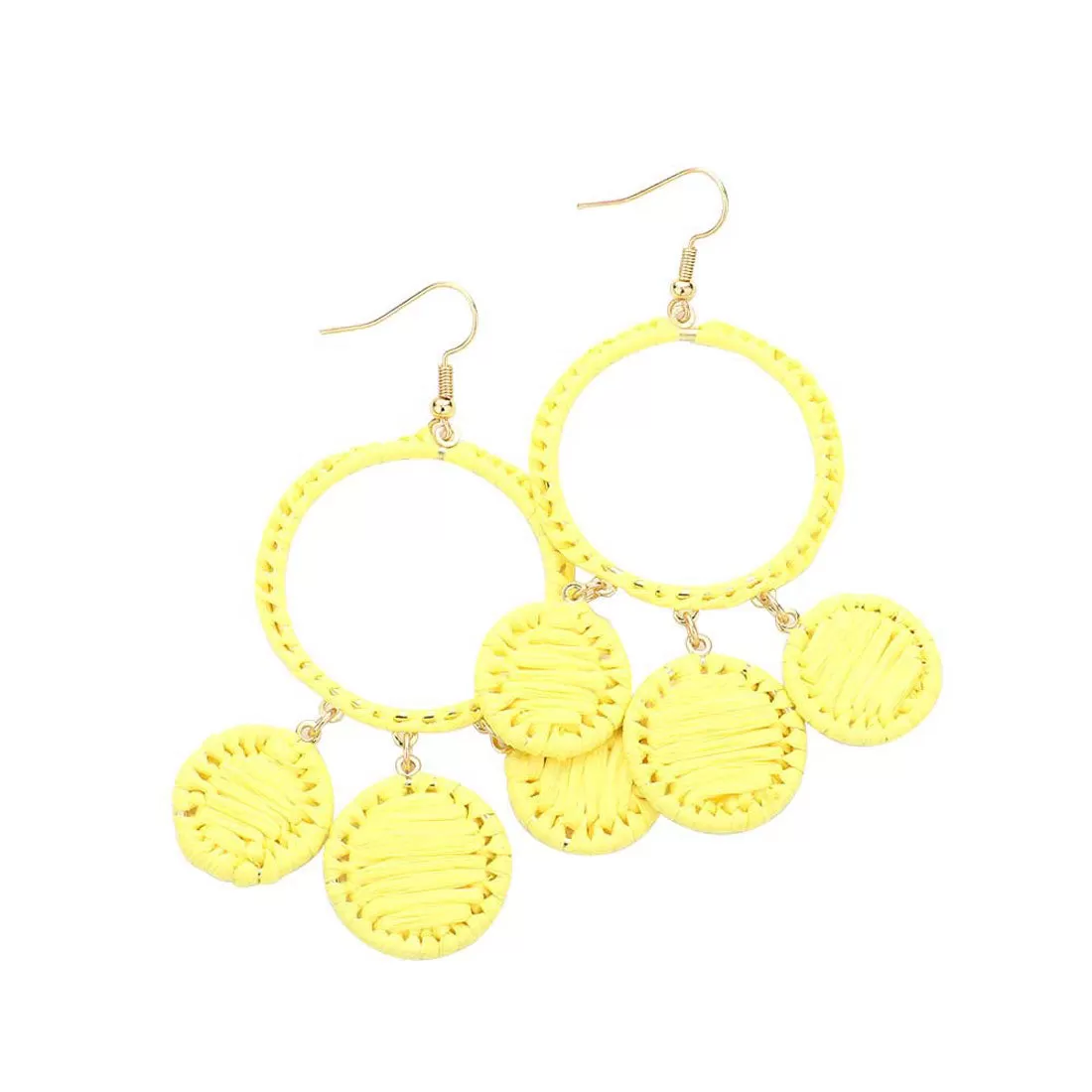 Woven Raffia Open Circle Triple Round Link Dangle Earrings