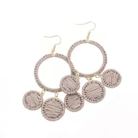 Woven Raffia Open Circle Triple Round Link Dangle Earrings