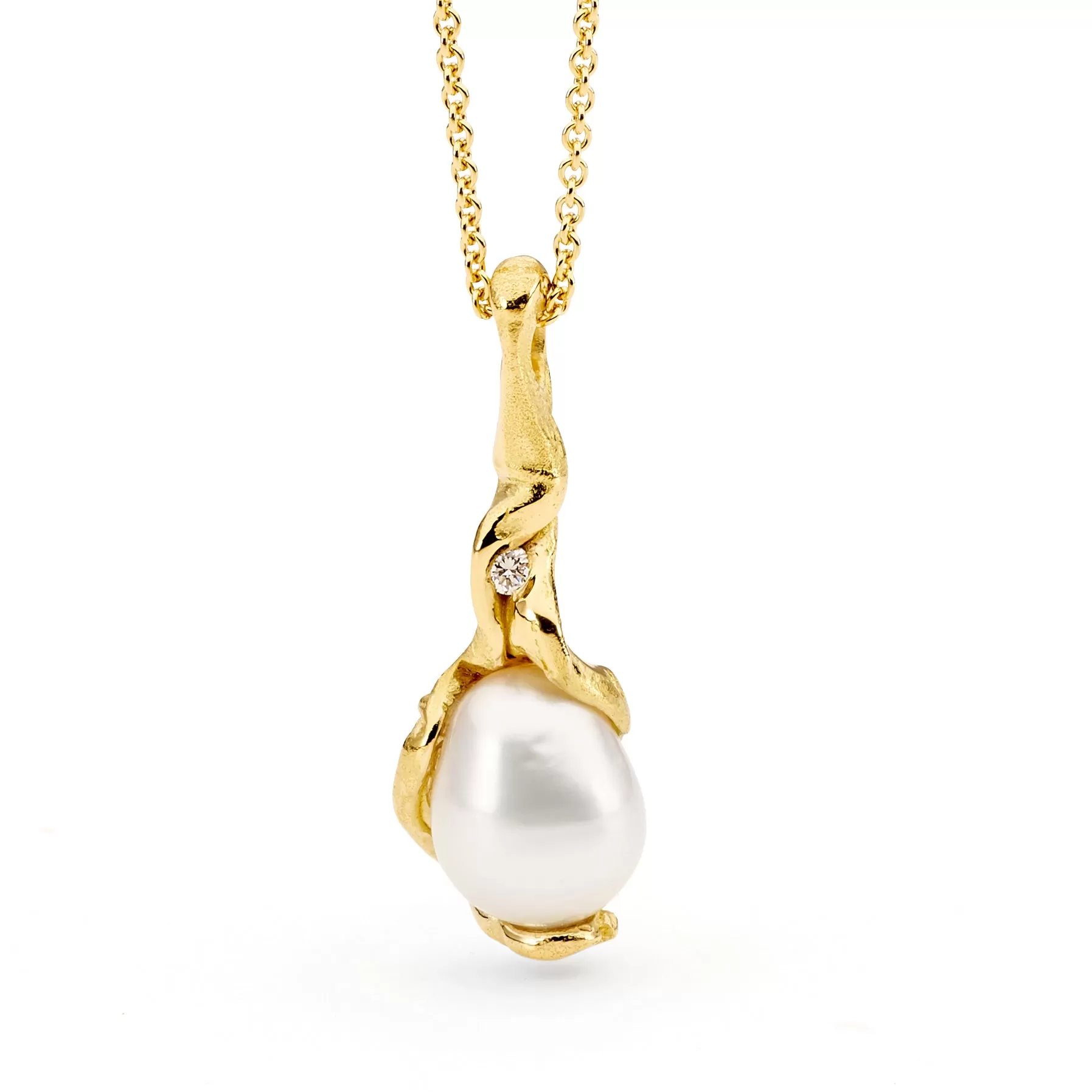 Yellow Gold Pearl and Diamond Oragnic Pendant